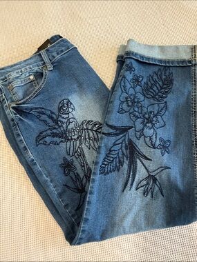 Earl Jeans Blue Denim Relaxed Fit with Black Floral Embroidery